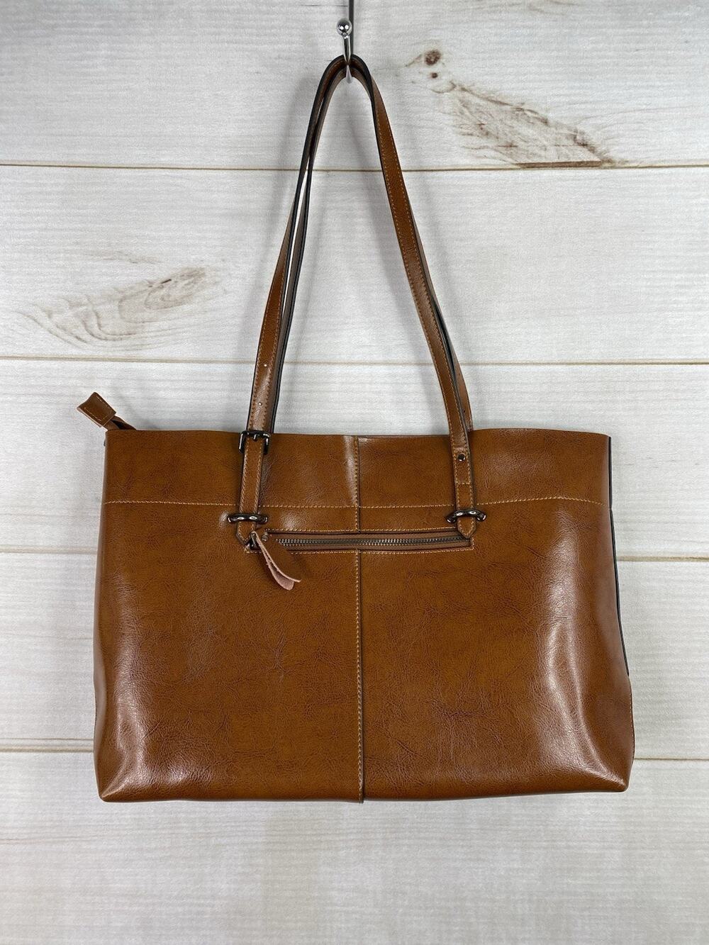 S-Zone Leather Zip Tote Shoulder Bag Large Distressed Cognac Brown Double Straps